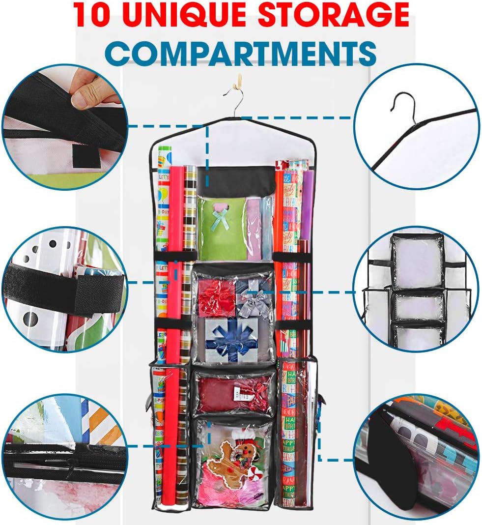 ProPik Gift Wrap Organizer - Double-Sided Wrapping Paper Storage with Multiple Pockets | 40”x17” (Black)