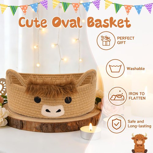 Hkojewp Oval Highland Cute Cow Basket for Nursery, Small Woven Gift Basket, Rope Cotton Storage for Gifts Empty, Baby Shower Blanket 0rganizer with Handles,Towel Decorative Bins, 12"D x 5"H in