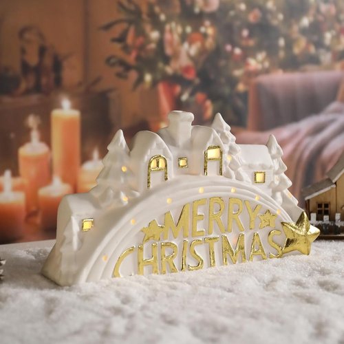 Bdor Lighted Ceramic Christmas Village Decor - 11" White LED House with Golden "Merry Christmas" Sign | Battery Operated Holiday Tabletop Decoration
