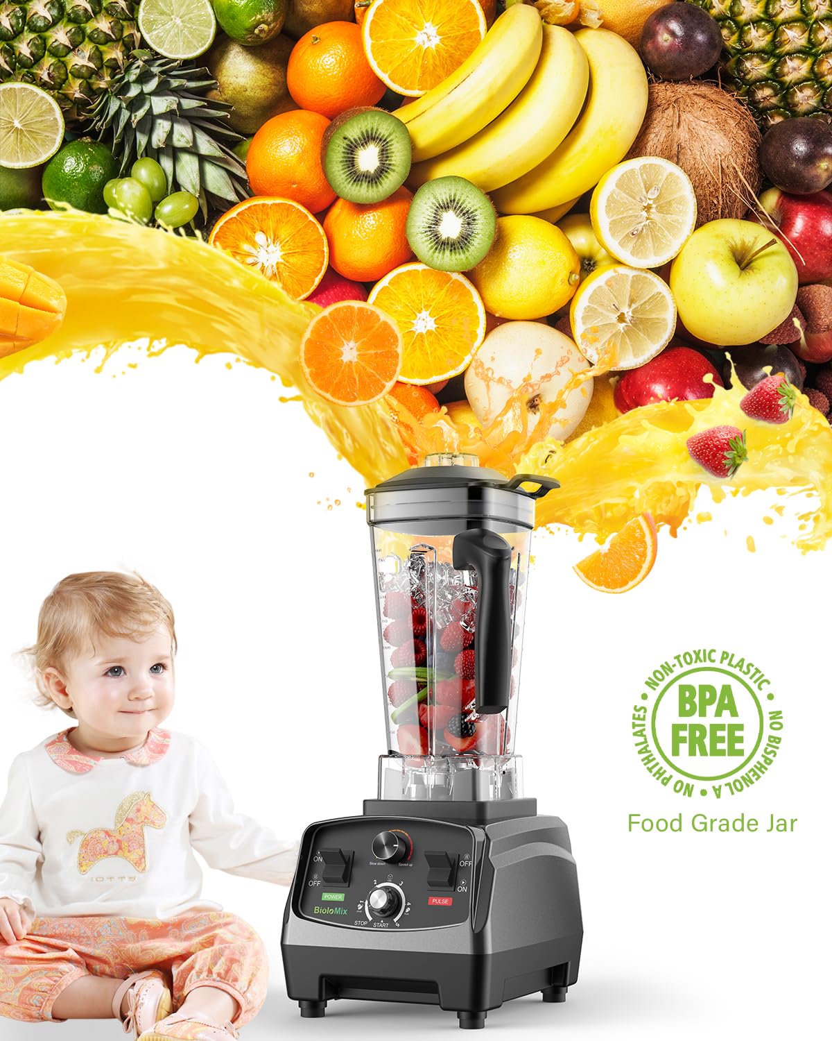 BioloMix Professional Smoothie Blender - 2200 Watt Motor, 68 Oz Large Capacity, High Speed Blender for Shakes, Smoothies, Ice Crushing, Frozen Fruits (with Extra Parts)