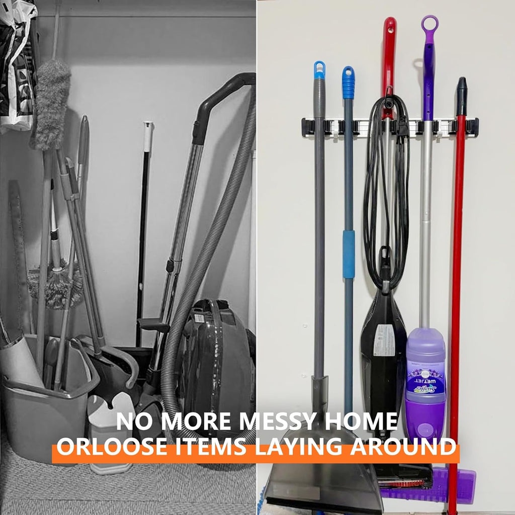 Reliahom Broom Holder Wall Mount - 2 Pack with 5 Racks & 4 Hooks for Garage, Kitchen, Garden, Laundry Room
