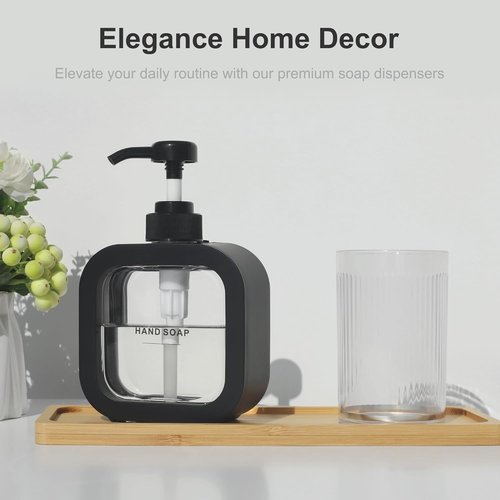 Hand & Dish Soap Dispenser - Modern Black Plastic Pump with Labels for Easy Use