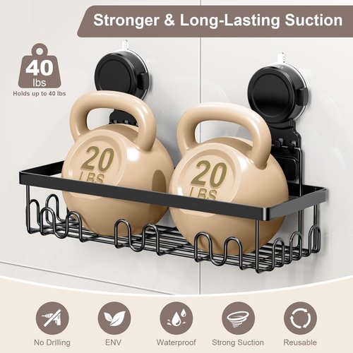 JOTPE Shower Caddy - No Drill Suction Cup Organizer | Waterproof & Removable, Holds 40 lbs, Black