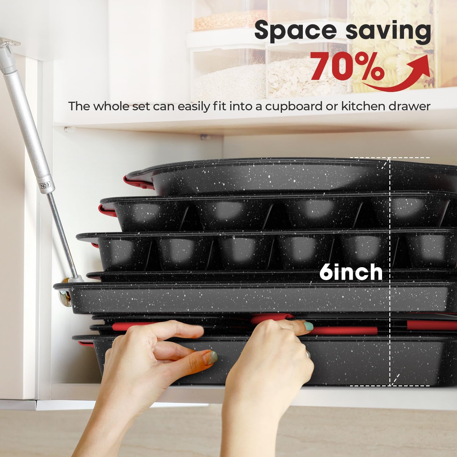 Skiennix 11-Piece Nonstick Baking Pans Set - Toxin-Free Bakeware with Silicone Handles | Red & Black