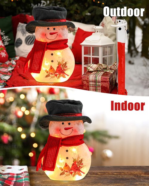 Bdor 11-Inch Glass Snowman Decoration - Light-Up Holiday Ornament with Cardinals & Red Scarf for Indoor Christmas Décor