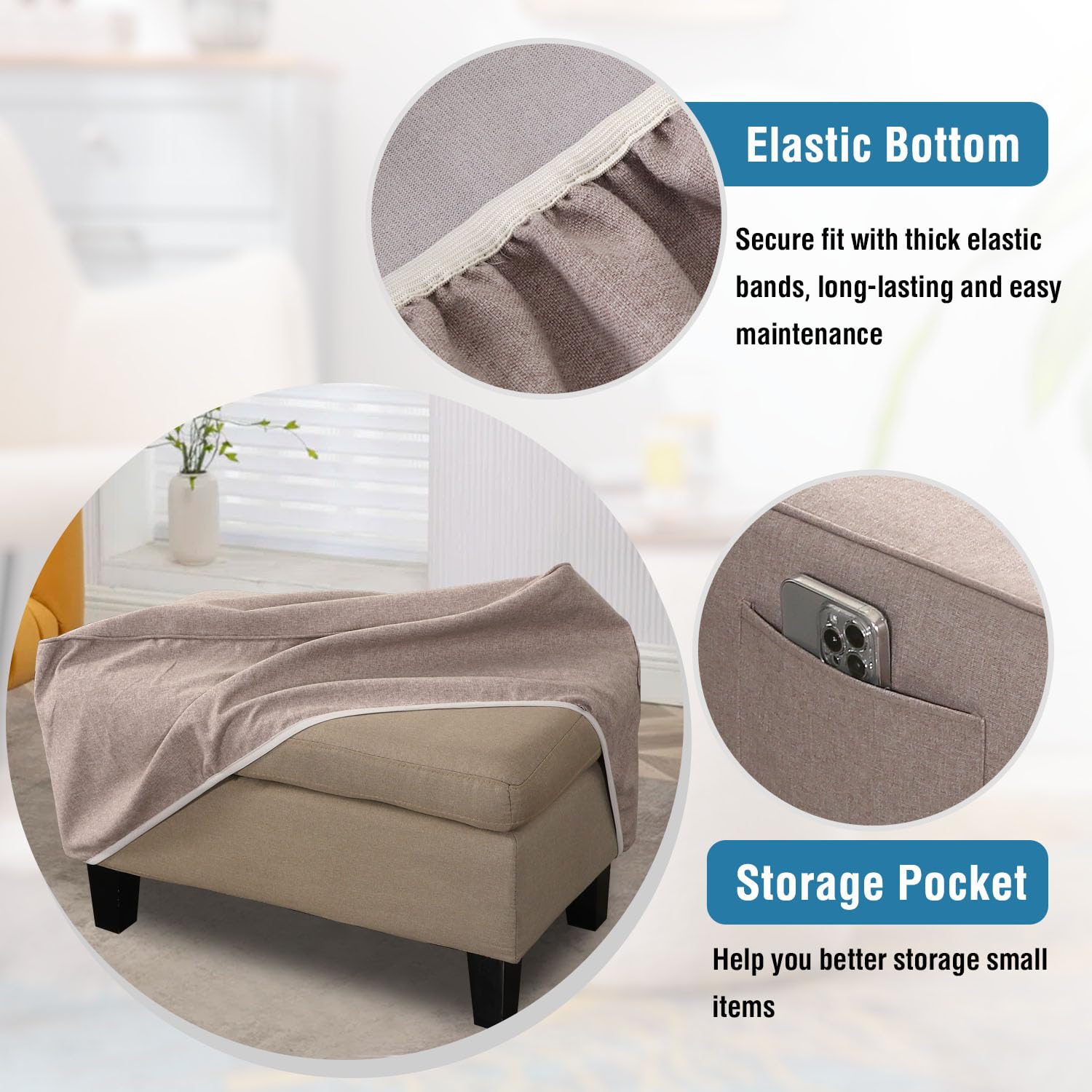 H.VERSAILTEX Sturdy Ottoman Cover Folding Storage Stool Furniture Protector Soft Rectangle Slipcover with Storage Side Pocket Fit Length 33"-34" Footrest Removable Washable - Heather Ivory