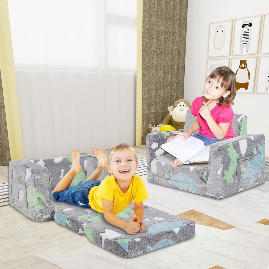 Poakkus 2-in-1 Soft Plush Toddler Couch & Chair – Fold Out Convertible Sofa to Lounger with Blanket, Glow-in-The-Dark Dinosaur Design for Boys & Girls, Playroom/Kids’ Bedroom