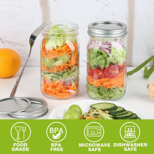 HWASHIN Wide Mouth Mason Jars 32 oz, 6 Pack Quart Canning Jars with Airtight Lids and Bands, Clear Glass Mason Jars for Canning, Pickling, Preserving, Meal Prep