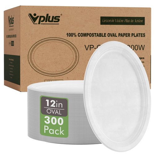 Vplus 300 Pack 100% Compostable Oval Paper Plates 12 inch Super Strong Disposable Paper Plates Bagasse Natural Biodegradable Eco-Friendly Sugarcane for BBQ, Party, Dinner, and Picnic