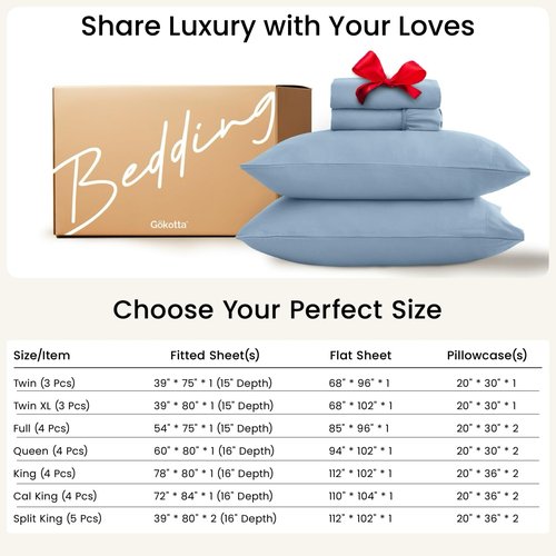 GOKOTTA 4-Pcs King Size Sheets Set, 10-16" Deep Pocket, Non-Slip Elastic Corner Straps, Washed & Brushed Microfiber Polyester - Hotel Luxury, Ultra Soft, Breathable, Wrinkle-Free, Anti-Rip -Dusty Blue