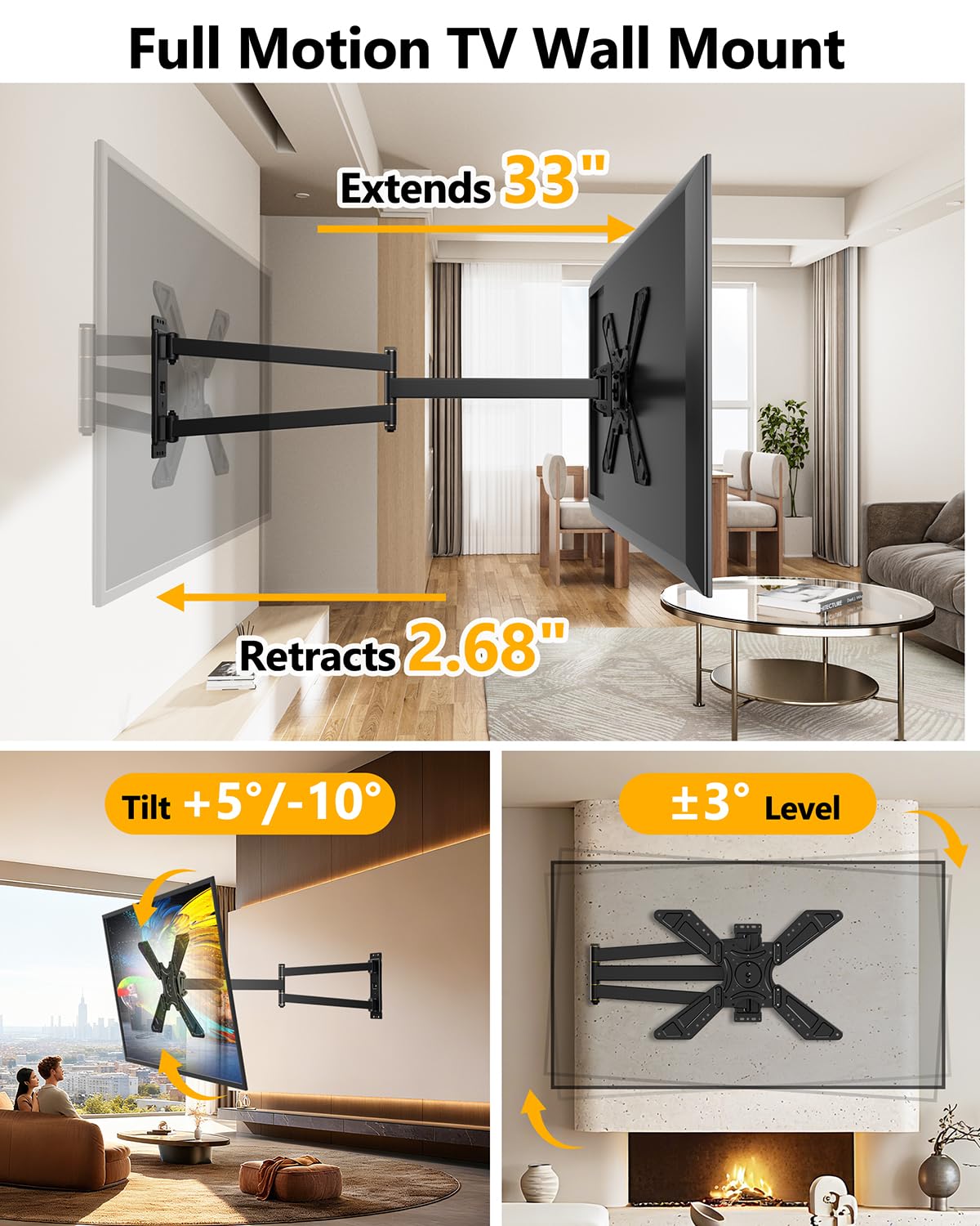 FORGING MOUNT Full Motion Corner TV Wall Mount for 32-75 Inch TVs Holds 110 lbs,33" Long Extension Arm with Landscape to Portrait Rotation, Swivel & Tilt,Vertical Rotating TV Mount,Max VESA 600x400mm