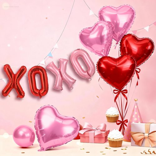 Froova Red XOXO Heart Balloons 6 Pcs Valentines Day Balloons Red Pink Gold Heart Shaped Balloon XOXO Balloon Letters for Girls Women Anniversary Sweet Valentine Day Romantic Decor Special Night Party