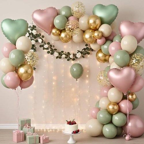 Pink and Green Balloons, 12 Inch Retro Sage Green Pink Nude Metallic Gold Confetti Balloons with Heart Foil Balloon for Girls Jungle Woodland Birthday Safari Baby Shower Party Decorations