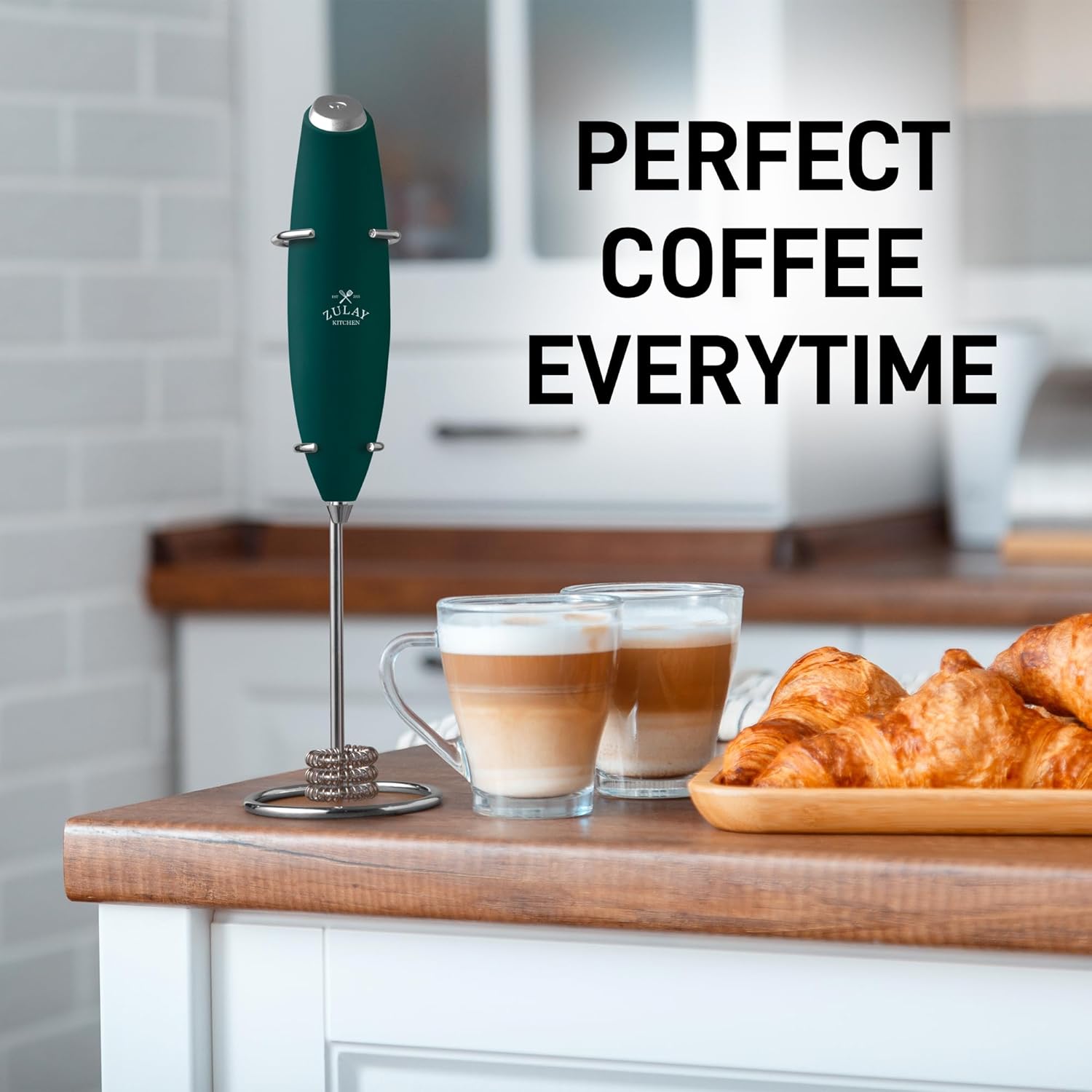 Zulay Kitchen Tornado Triple Whisk Milk Frother - Handheld Foam Maker for Coffee & Lattes - Dark Green
