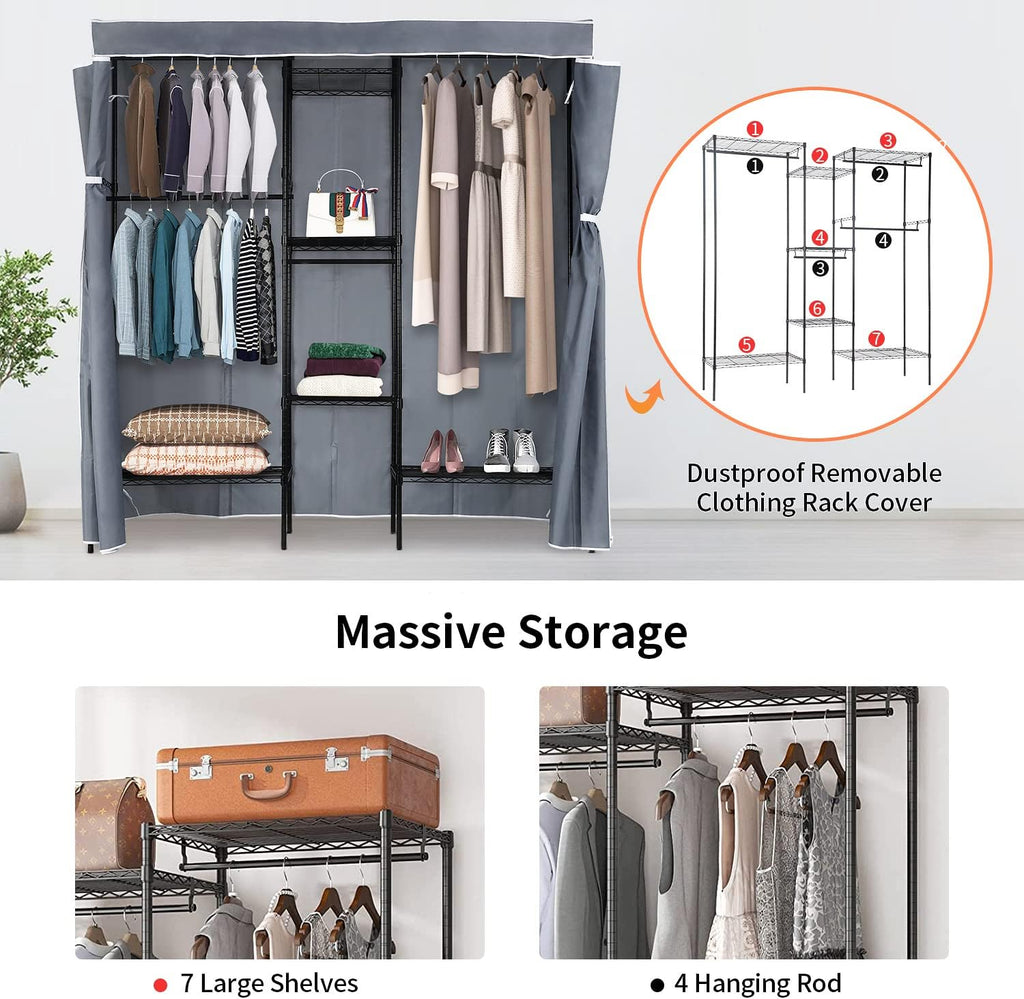 PayLessHere Metal Garment Rack - Adjustable Portable Closet with 4 Hanger Rods & 7 Shelves, Black