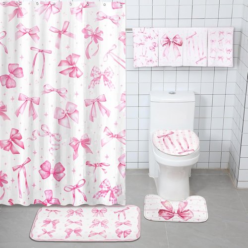 FuWeave 8-Piece Pink Bow Shower Curtain Set - Cute Coquette Bathroom Decor with Towels, Bath Mat & Hooks