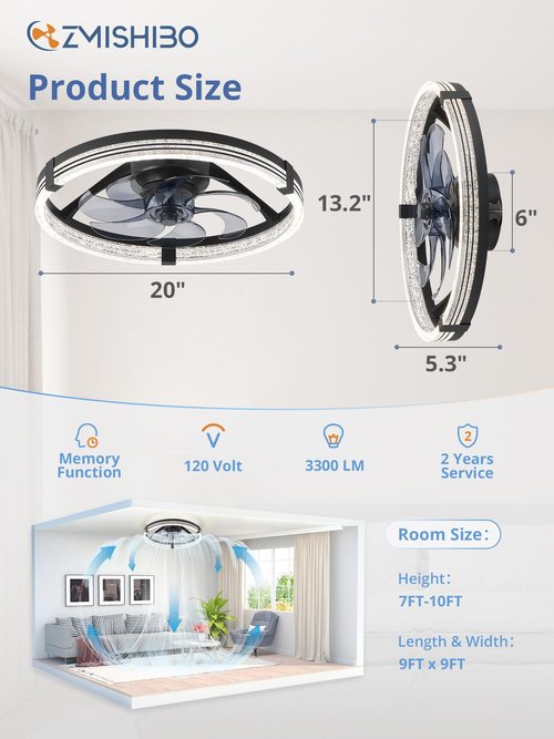 ZMISHIBO Low Profile Ceiling Fans with Lights, Flush Mount Modern Ceiling Fan and Remote Control, 20" LED Ceiling Fans, Stepless Dimmable 3 Colors and 6 Speeds (Black, 20")