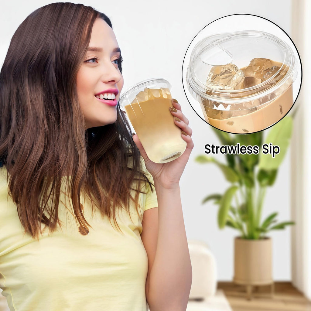 Jycnolm Round Bottom Clear Plastic Cups with Sip Lids, 100 Sets, 16 Oz Disposable Iced Coffee Cups with Strawless Lids To Go Cold Drink Cups for Smoothies, Juices, Party Catering