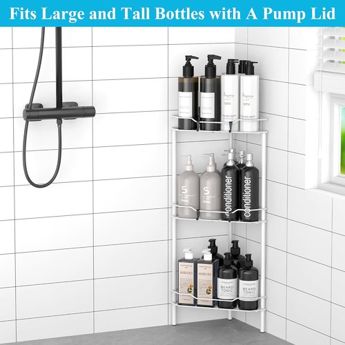 HuggieGems Corner Shower Caddy Organizer - 3 Tier Floor Standing Shelf with Hooks | White Bathroom Storage