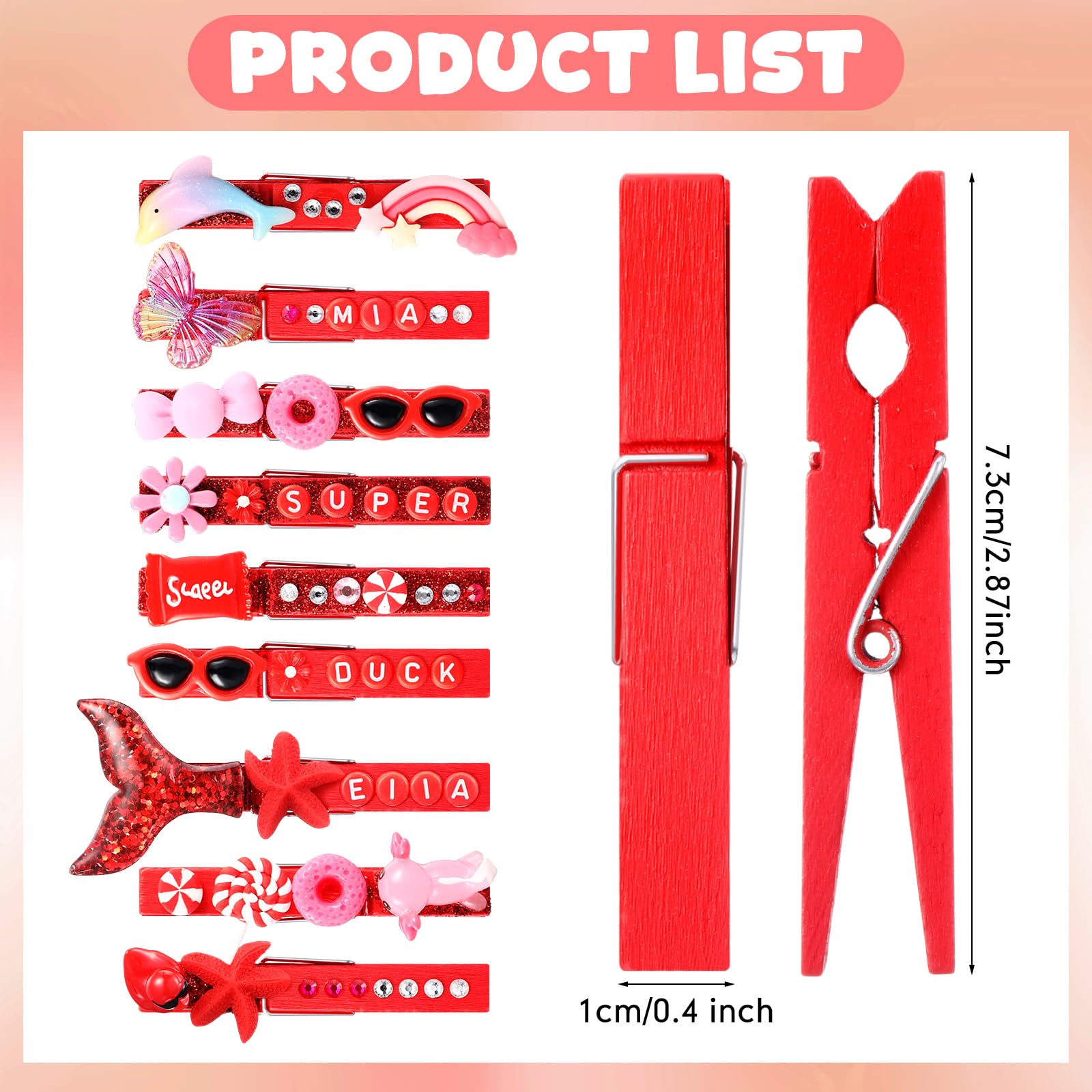 Youyole 50 Sets Cheer Pins Spirit Clips Include Wooden Clothes Pins Mini Resin Animals Bows Beads Letters Self Adhesive Stickers Pen for Cheerleaders Backpacks Christmas Gifts DIY Craft (Red)