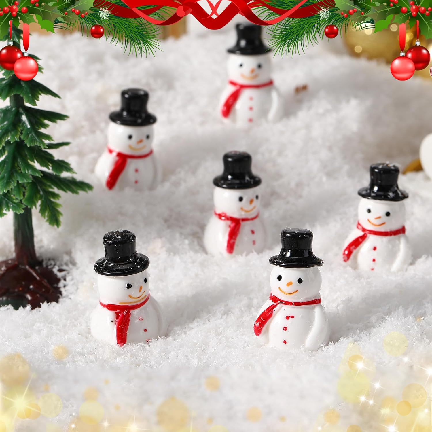 Skiennix Mini Resin Snowman Figurines - 50 Pcs Winter Decor with Black Hats for DIY Crafts & Ornaments