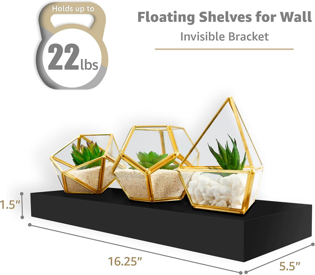 Sorbus Floating Shelves - 16-Inch Wall-Mounted Shelves for Kitchen, Bedroom & Bathroom | Black, 2 Pack