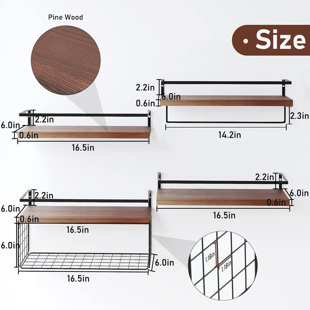 Wood Floating Shelves by [Brand Name] - Rustic Wall-Mounted 4-Tier Bathroom Shelf Set with Basket & Towel Bar