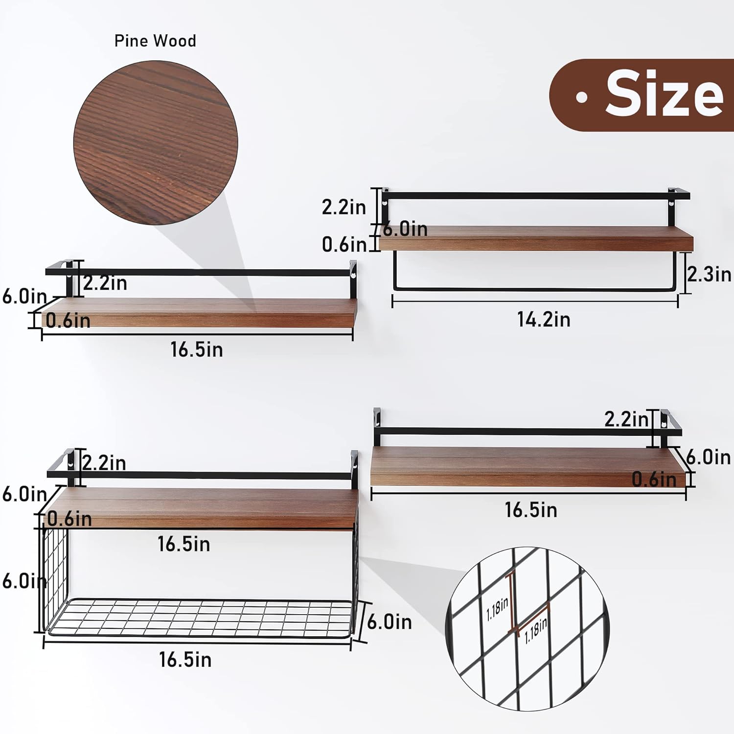 Wood Floating Shelves by [Brand Name] - Rustic Wall-Mounted 4-Tier Bathroom Shelf Set with Basket & Towel Bar