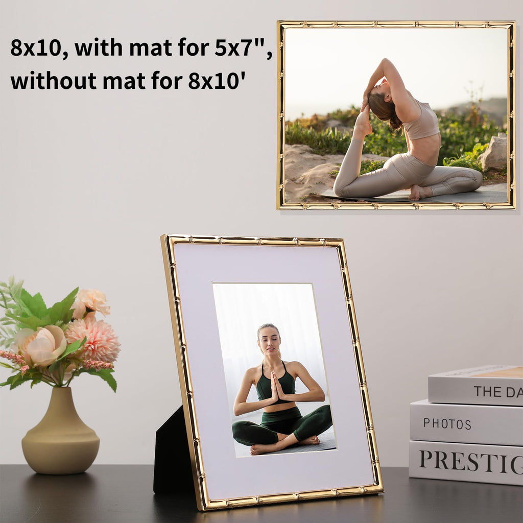 YiPinYin 8x10'' Bamboo Detail Gold Metal Picture Frame with Acid Free Mat for 5x7'' Set of 2,Narrow Gold Plated Photo Frames 5 x7'' With Soft Touch Velvet Backing for Desktop and Wall Décor