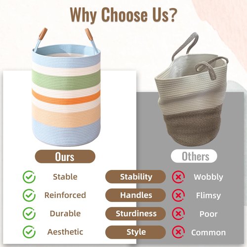Degeyoyo 60L Striped Laundry Basket, Rainbow Laundry Hamper with Leather Handles, Woven Cotton Rope Storage Bin for Blankets, Nursery Hamper for Clothes, Toys In Bathroom, Livingroom, Bedroom