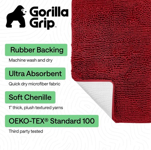 GORILLA GRIP Bath Rug Mat - Soft Absorbent Chenille | Quick Dry Microfiber, 30x20, Red