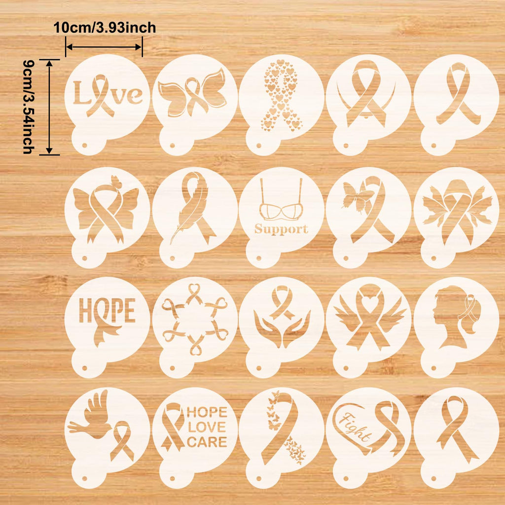 CIEMODA Cancer Awareness Coffee Stencil,Breast Cancer Awareness Stencils Set, 16pcs Pink Ribbon Reusable Cookie & Latte Art Stencils for Baking, Painting, and DIY Crafts
