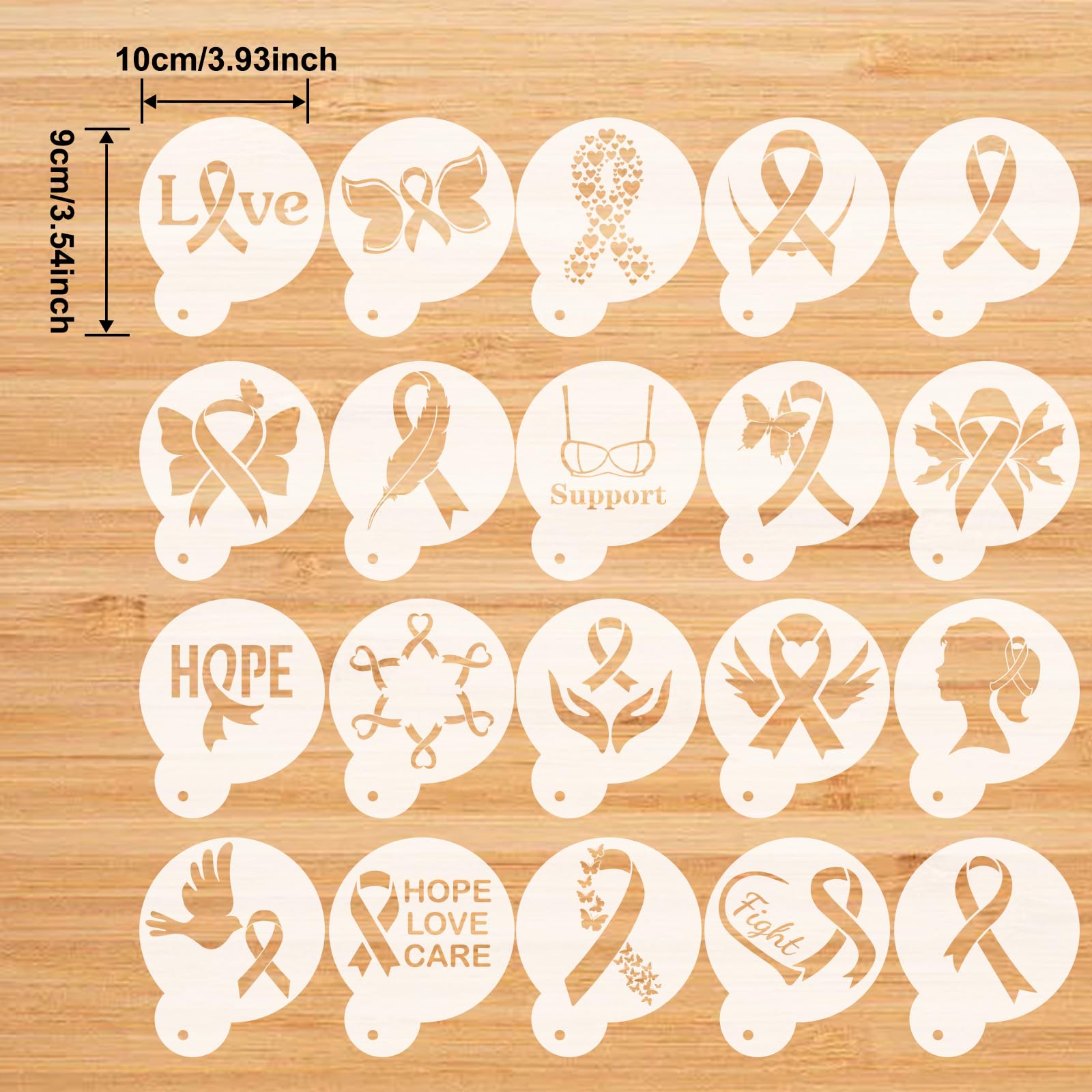 CIEMODA Cancer Awareness Coffee Stencil,Breast Cancer Awareness Stencils Set, 16pcs Pink Ribbon Reusable Cookie & Latte Art Stencils for Baking, Painting, and DIY Crafts