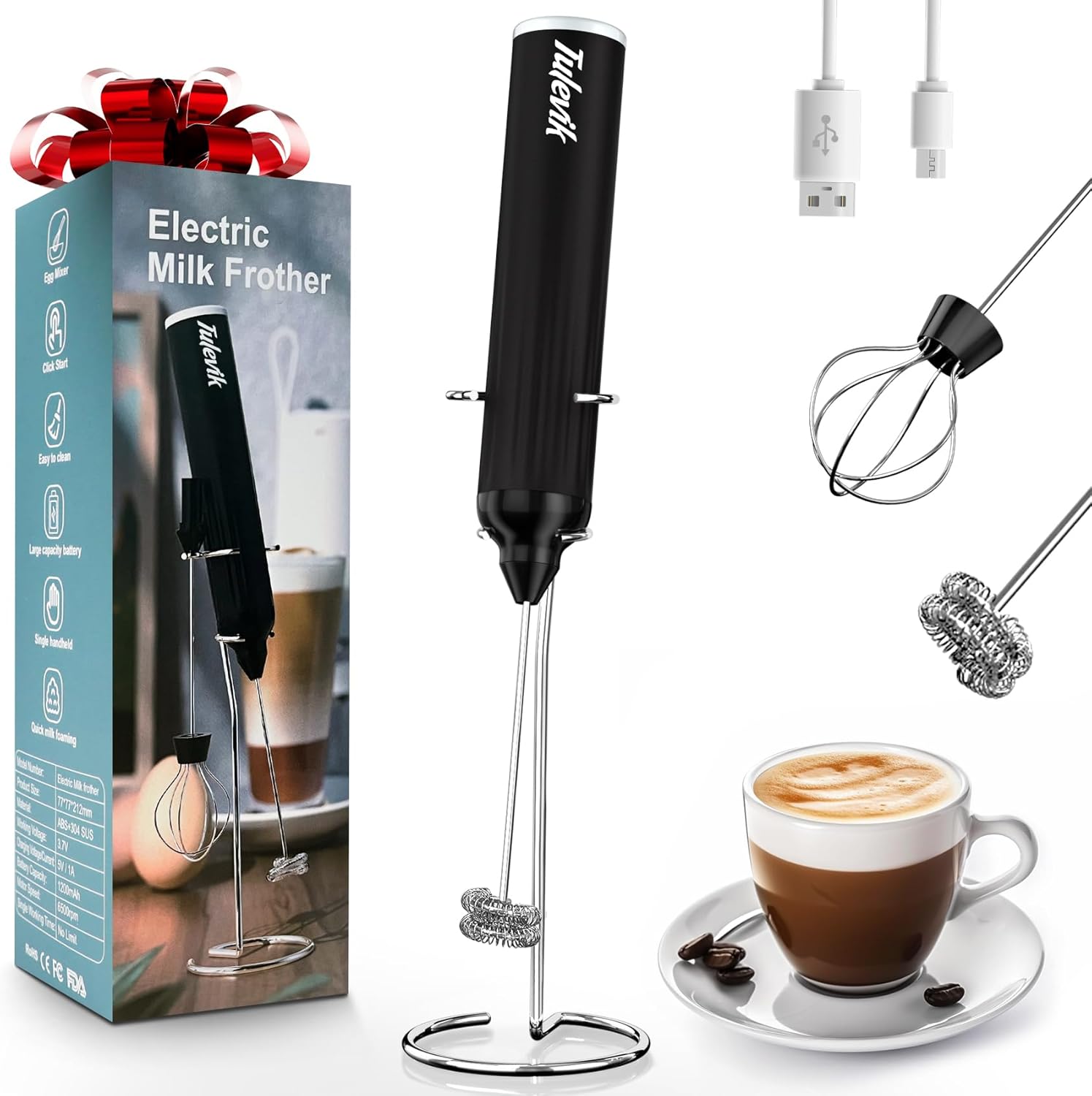 Milk Frother Handheld - Electric Coffee Frother Wand with USB Rechargeable 3 Speeds | Mini Black Frother for Lattes, Cappuccinos, and More