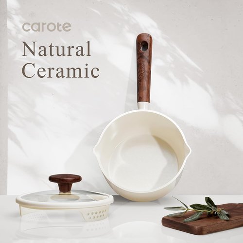 CAROTE Nonstick Saucepan Set - 2QT & 3QT Ceramic Pots with Lid & Ladle | Easy to Clean, Induction Compatible, PFAS Free, White