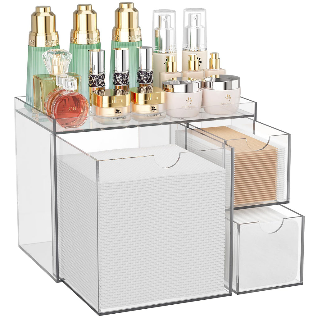 Youdepot Clear Acrylic Face Towel Holder with 3 Drawers, All-in-One Bathroom Vanity Organizer for Disposable Face Towels, Cotton Pads, Swabs and Skincare Tools