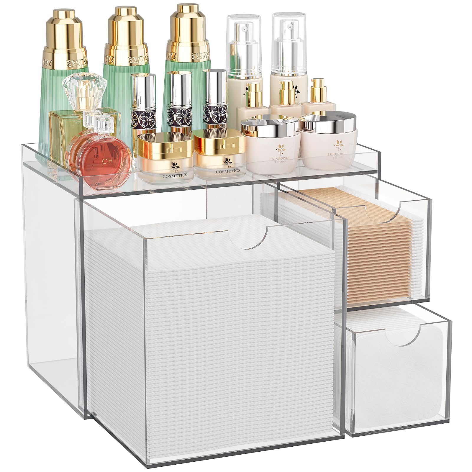 Youdepot Clear Acrylic Face Towel Holder with 3 Drawers, All-in-One Bathroom Vanity Organizer for Disposable Face Towels, Cotton Pads, Swabs and Skincare Tools