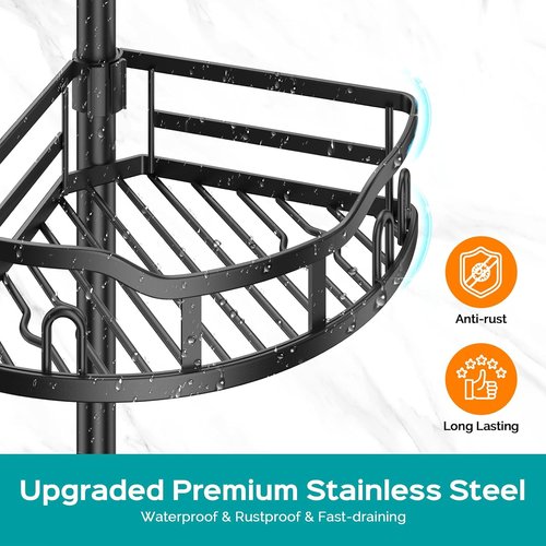 HAMITOR Corner Shower Caddy - Rustproof 4-Tier Bathroom Organizer for Shampoo & Soap | Adjustable 47-121 Inch Black Rack