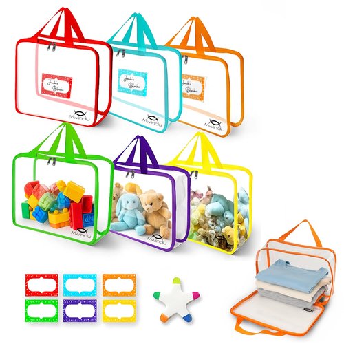 6 Pack Extra Large Toy Storage Bags with Labels – Clear Waterproof Reusable Organizer Bags with Zipper & Handles for Playroom, Kids Room, Books, Puzzles & Games