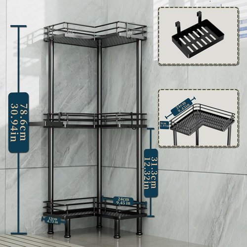 Consumest 3-Tier Corner Shower Caddy - Stainless Steel Organizer with Soap Holder & 4 Hooks, Black