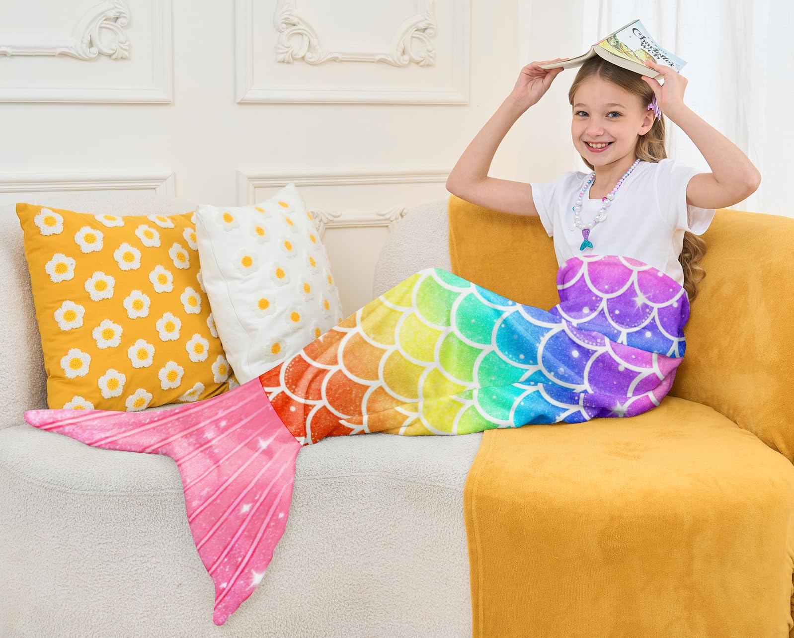 NikNio Mermaid Tail Blanket for Girls Soft Flannel Wearable Blanket Sleeping Snuggle Kids Christmas Gift Ideal 3-4 4-6 7-8 10-12 Rainbow Pattern