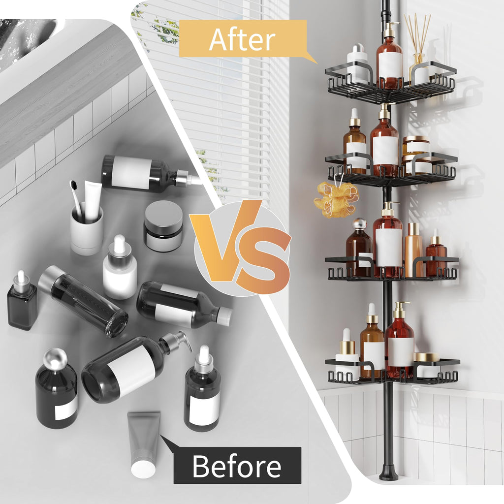 Tension Pole Shower Caddy 5x Stability, Adjustable Floor to Ceiling Shower Organizer, Standing Shower Tension Rod Shelves, 4 Tier Storage Shelves with 2 Soap Holders/Hanging or Adhesive, 25in-114in