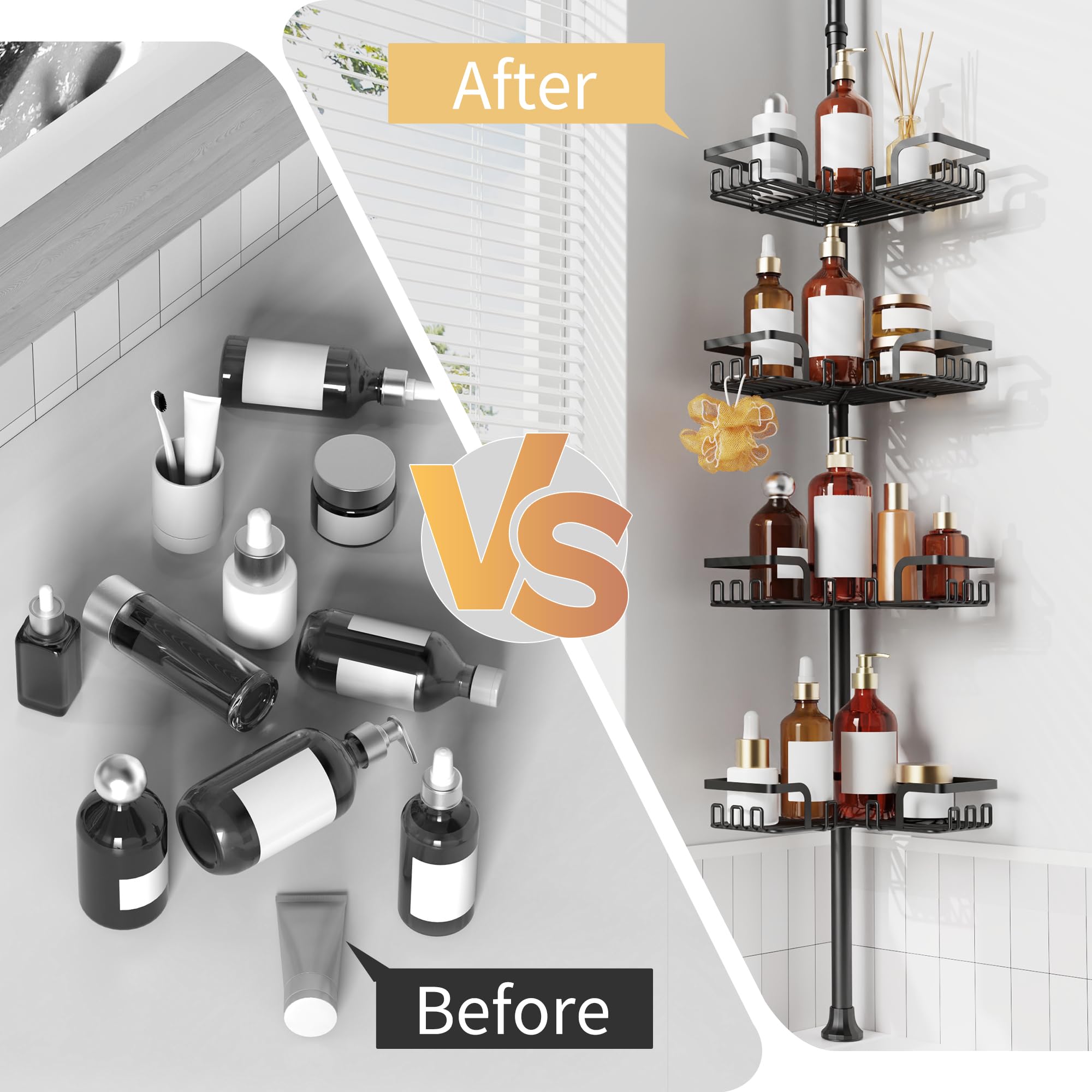 Tension Pole Shower Caddy 5x Stability, Adjustable Floor to Ceiling Shower Organizer, Standing Shower Tension Rod Shelves, 4 Tier Storage Shelves with 2 Soap Holders/Hanging or Adhesive, 25in-114in