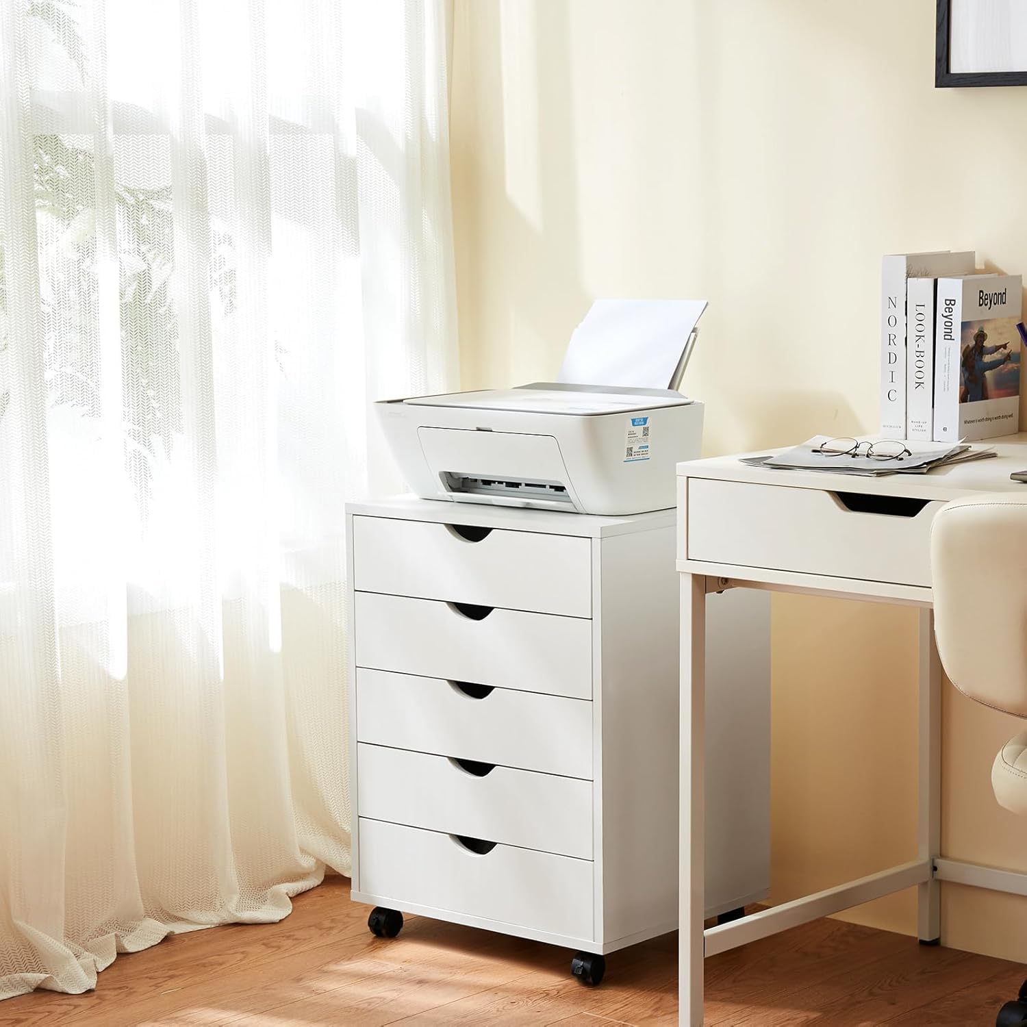 5 Drawer Mobile File Cabinet Under Desk Storage Organization with Wheels Vertical Filing Chest Rolling Wood Small Desk Printer Stand for Home Office, White