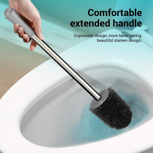 Toilet Brush and Holder Set, with Stainless Steel Handle Toilet Bowl Brush, Compact Toilet Scrubber Brush for Deep Cleaning Bathroom Restroom, Easy to Assemble-Grey