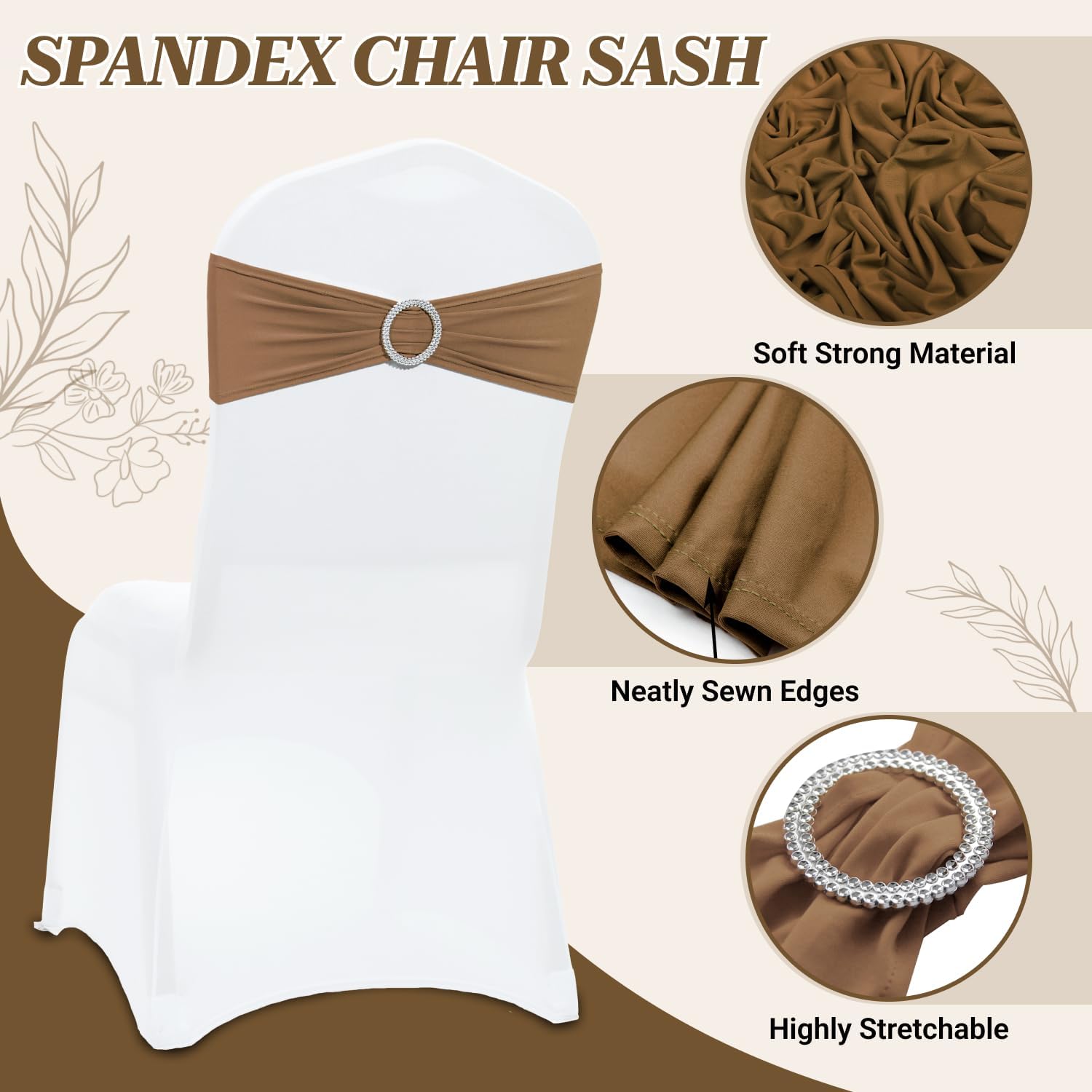 MDS Spandex Chair Sashes - Pack of 200 Elastic Stretch Bows with Buckle Slider for Wedding Decor | Mocha