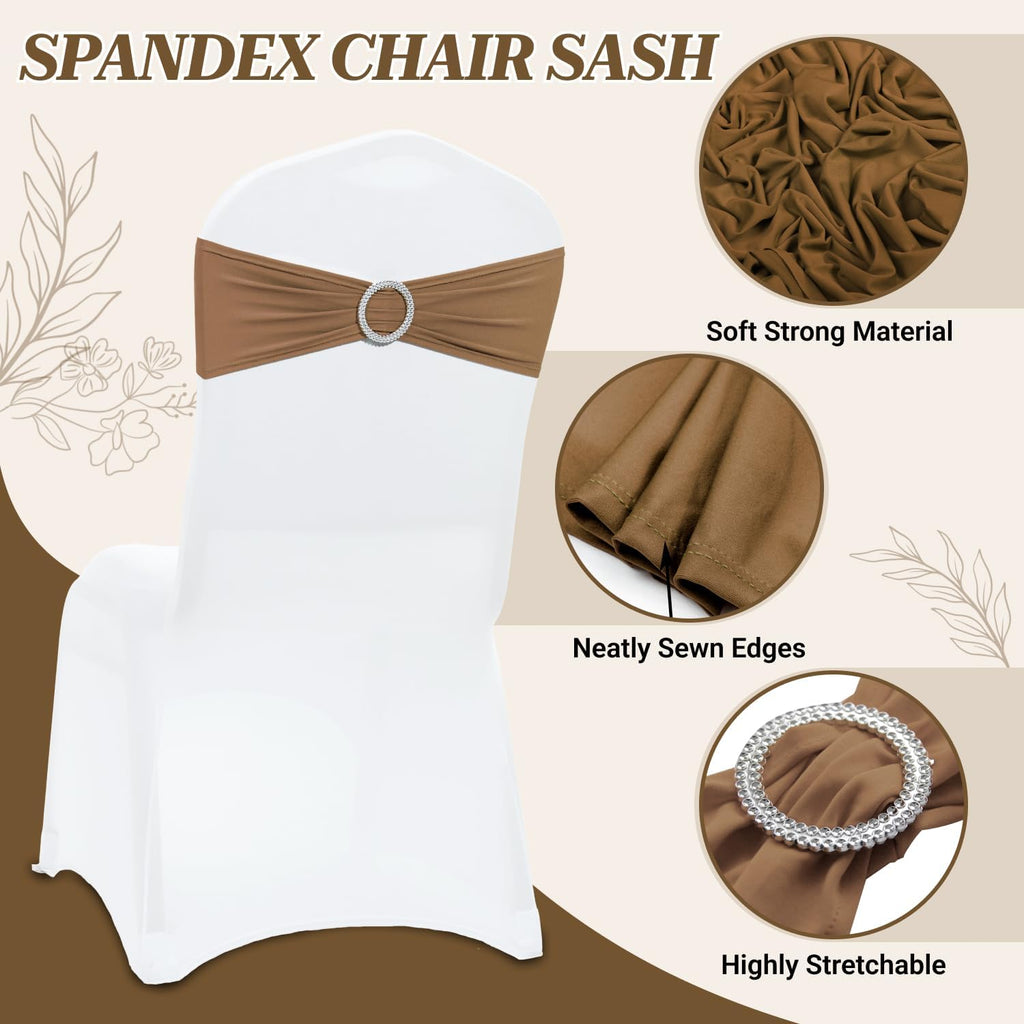 MDS Spandex Chair Sashes - Universal Fit Elastic Stretch Bands with Buckle Slider Bow | Pack of 150 - Mocha