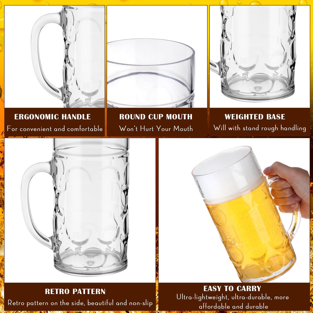 Suclain 10 Pcs Clear Plastic Beer Mugs with Handles,34 oz Large Dimpled Reusable Cups Classic Plastic Coffee Mugs for Beer, Whiskey, Juice, Coffee, Tea & Cocktail
