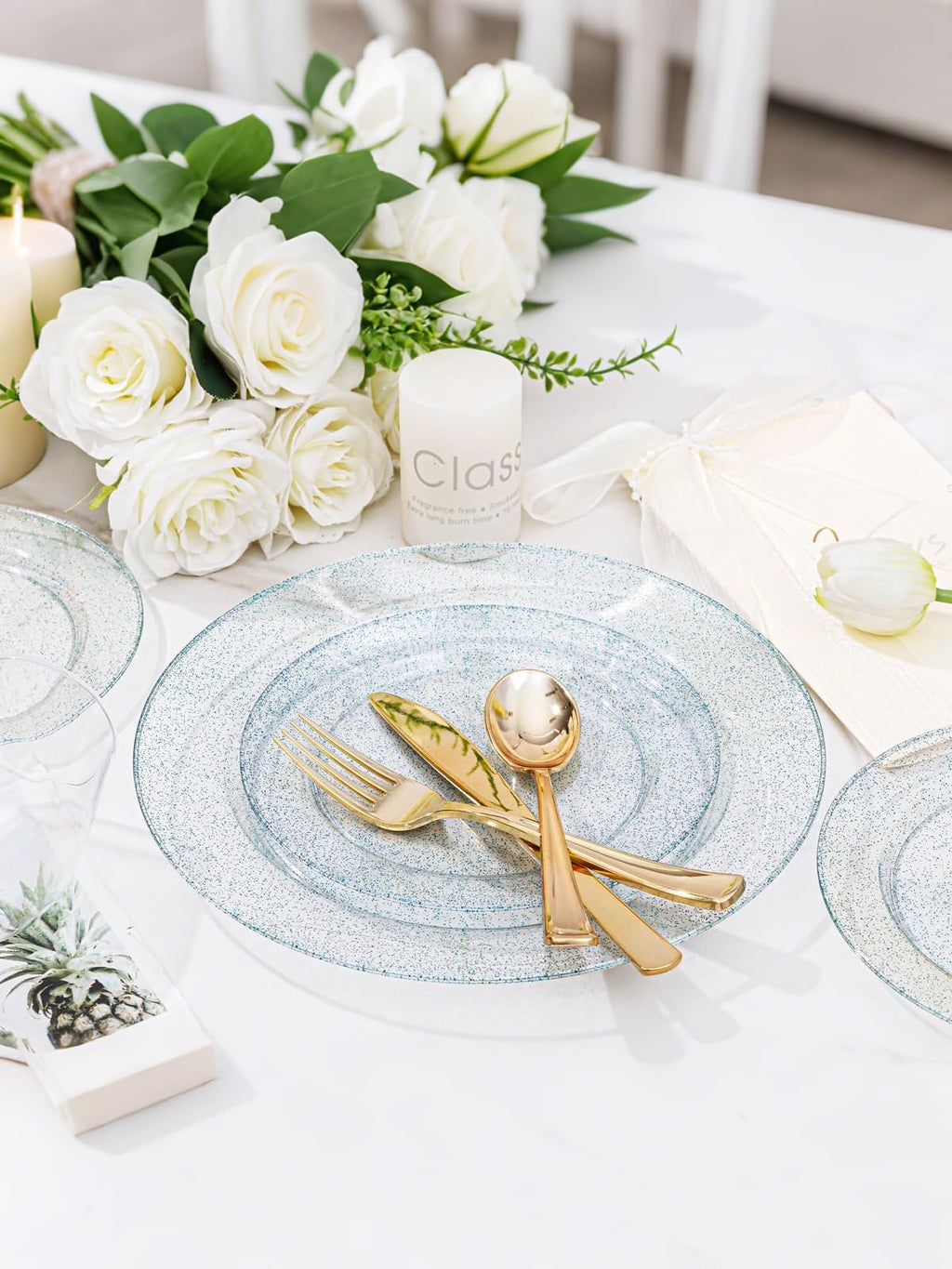 WDF 200PCS Blue Plastic Plates - Blue Glitter Plastic Plates - Heavy Duty Disposable Plates - Include 100 Dinner Plates 10" and 100 Dessert Plates 7" for Parties/Wedding/Graduation