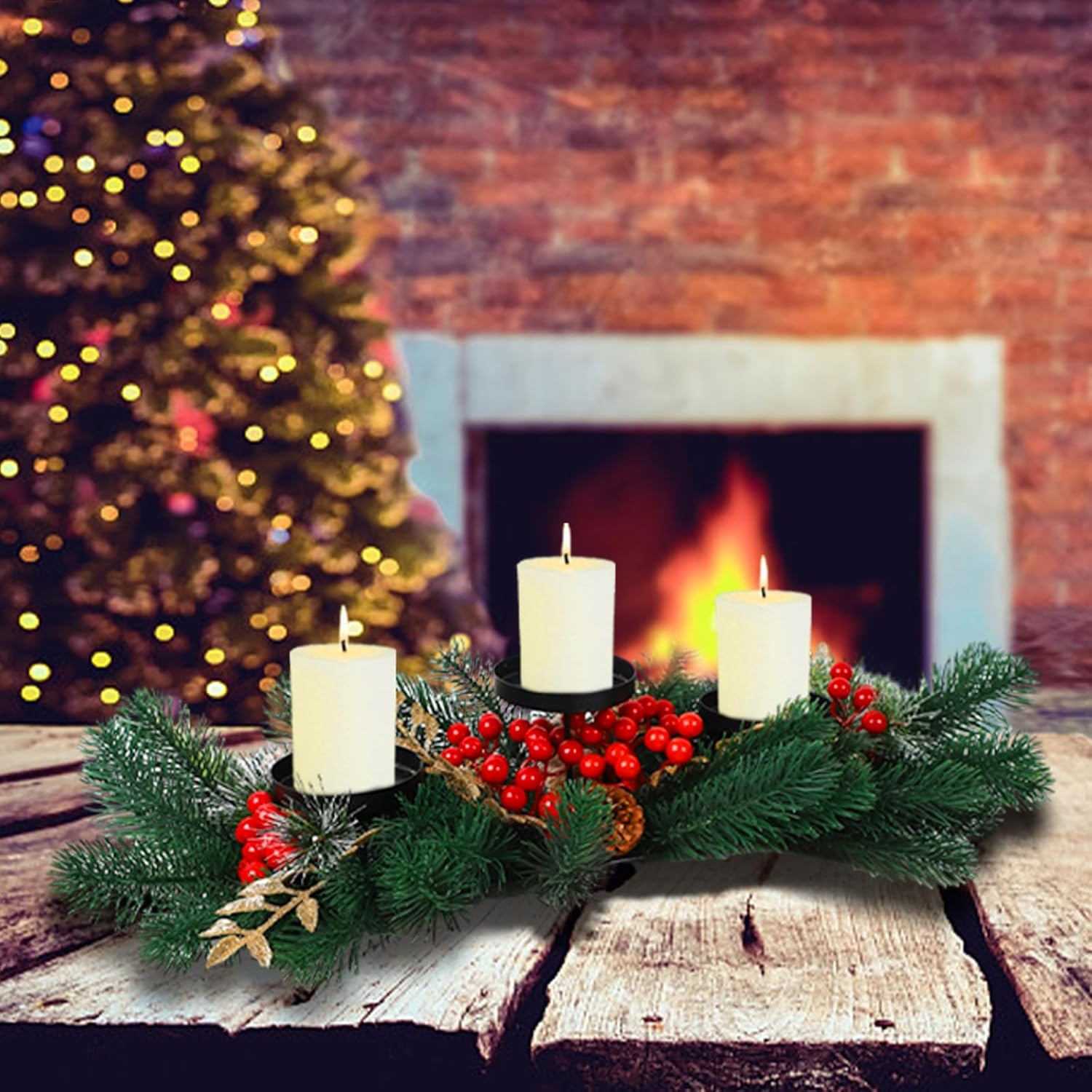 MorTime Christmas Centerpiece - 3 Candle Holders with Red Berries & Pine Cones | Indoor Holiday Decor